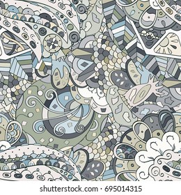 Tracery seamless pattern. Mehndi design. Ethnic colorful doodle texture. Curved doodling background. Vector