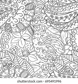Tracery seamless pattern. Mehndi design. Ethnic monochrome binary doodle texture. Curved doodling black and white background. Vector