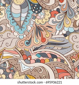 Tracery seamless pattern. Mehndi design. Ethnic colorful doodle texture. Curved doodling background. Vector