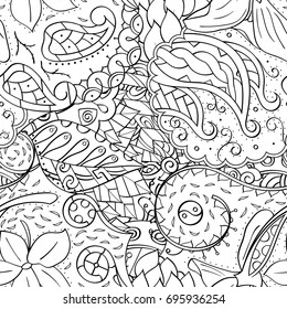 Tracery seamless pattern. Mehndi design. Ethnic monochrome binary doodle texture. Curved doodling black and white background. Vector