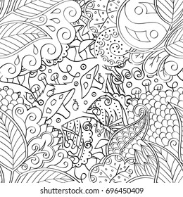 Tracery seamless pattern. Mehndi design. Ethnic monochrome binary doodle texture. Curved doodling black and white background. Vector