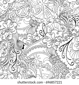 Tracery seamless pattern. Mehndi design. Ethnic monochrome binary doodle texture. Curved doodling black and white background. Vector