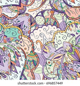 Tracery seamless pattern. Mehndi design. Ethnic colorful doodle texture. Curved doodling background. Vector