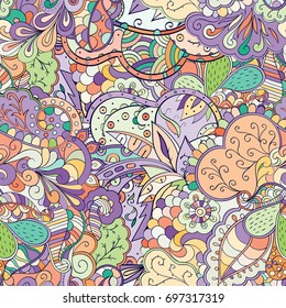 Tracery seamless pattern. Mehndi design. Ethnic colorful doodle texture. Curved doodling background. Vector