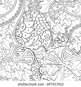 Tracery seamless pattern. Mehndi design. Ethnic monochrome binary doodle texture. Curved doodling black and white background. Vector