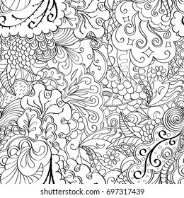 Tracery seamless pattern. Mehndi design. Ethnic monochrome binary doodle texture. Curved doodling black and white background. Vector