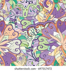 Tracery seamless pattern. Mehndi design. Ethnic colorful doodle texture. Curved doodling background. Vector