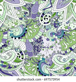 Tracery seamless pattern. Mehndi design. Ethnic colorful doodle texture. Curved doodling background. Vector