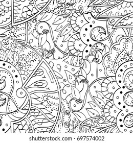 Tracery seamless pattern. Mehndi design. Ethnic monochrome binary doodle texture. Curved doodling black and white background. Vector