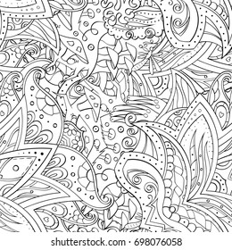 Tracery seamless pattern. Mehndi design. Ethnic monochrome binary doodle texture. Curved doodling black and white background. Vector