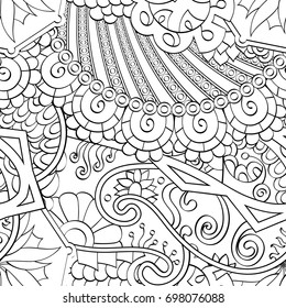 Tracery seamless pattern. Mehndi design. Ethnic monochrome binary doodle texture. Curved doodling black and white background. Vector