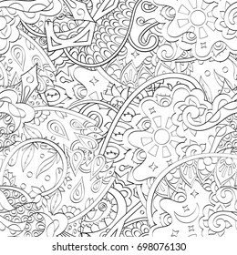 Tracery seamless pattern. Mehndi design. Ethnic monochrome binary doodle texture. Curved doodling black and white background. Vector