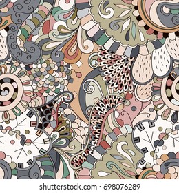 Tracery seamless pattern. Mehndi design. Ethnic colorful doodle texture. Curved doodling background. Vector
