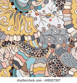 Tracery seamless pattern. Mehndi design. Ethnic colorful doodle texture. Curved doodling background. Vector