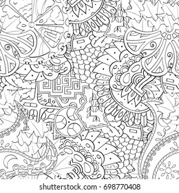 Tracery seamless pattern. Mehndi design. Ethnic monochrome binary doodle texture. Curved doodling black and white background. Vector