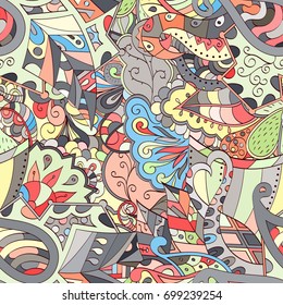 Tracery seamless pattern. Mehndi design. Ethnic colorful doodle texture. Curved doodling background. Vector