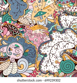 Tracery seamless pattern. Mehndi design. Ethnic colorful doodle texture. Curved doodling background. Vector