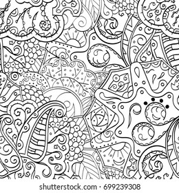 Tracery seamless pattern. Mehndi design. Ethnic monochrome binary doodle texture. Curved doodling black and white background. Vector