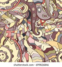 Tracery seamless pattern. Mehndi design. Ethnic colorful doodle texture. Curved doodling background. Vector