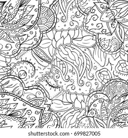 Tracery seamless pattern. Mehndi design. Ethnic monochrome binary doodle texture. Curved doodling black and white background. Vector