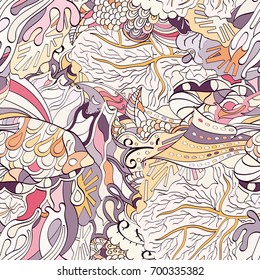 Tracery seamless pattern. Mehndi design. Ethnic colorful doodle texture. Curved doodling background. Vector