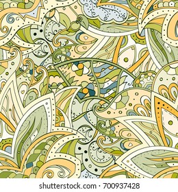 Tracery seamless pattern. Mehndi design. Ethnic colorful doodle texture. Curved doodling background. Vector