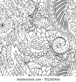 Tracery seamless pattern. Mehndi design. Ethnic monochrome binary doodle texture. Curved doodling black and white background. Vector