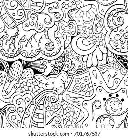 Tracery seamless pattern. Mehndi design. Ethnic monochrome binary doodle texture. Curved doodling black and white background. Vector
