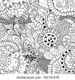 Tracery seamless pattern. Mehndi design. Ethnic monochrome binary doodle texture. Curved doodling black and white background. Vector