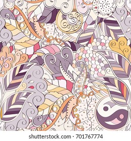 Tracery seamless pattern. Mehndi design. Ethnic colorful doodle texture. Curved doodling background. Vector