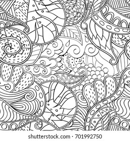 Tracery seamless pattern. Mehndi design. Ethnic monochrome binary doodle texture. Curved doodling black and white background. Vector