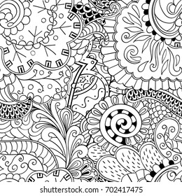 Tracery seamless pattern. Mehndi design. Ethnic monochrome binary doodle texture. Curved doodling black and white background. Vector