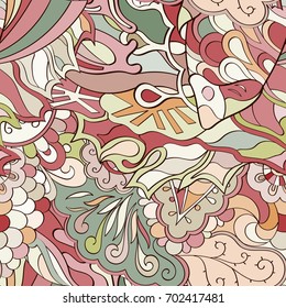 Tracery seamless pattern. Mehndi design. Ethnic colorful doodle texture. Curved doodling background. Vector