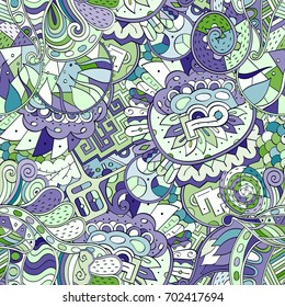 Tracery seamless pattern. Mehndi design. Ethnic colorful doodle texture. Curved doodling background. Vector