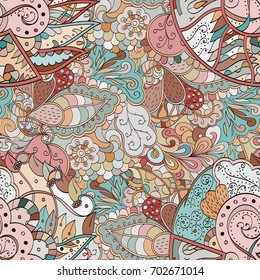 Tracery seamless pattern. Mehndi design. Ethnic colorful doodle texture. Curved doodling background. Vector