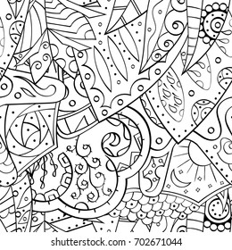 Tracery seamless pattern. Mehndi design. Ethnic monochrome binary doodle texture. Curved doodling black and white background. Vector