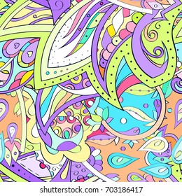Tracery seamless pattern. Mehndi design. Ethnic colorful doodle texture. Curved doodling background. Vector