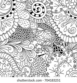 Tracery seamless pattern. Mehndi design. Ethnic monochrome binary doodle texture. Curved doodling black and white background. Vector