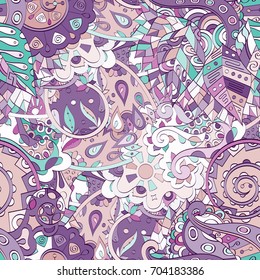 Tracery seamless pattern. Mehndi design. Ethnic colorful doodle texture. Curved doodling background. Vector
