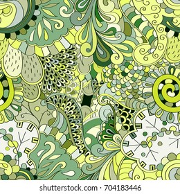 Tracery seamless pattern. Mehndi design. Ethnic colorful doodle texture. Curved doodling background. Vector