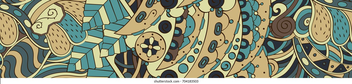 Tracery seamless pattern. Mehndi design. Ethnic colorful doodle texture. Curved doodling background. Vector