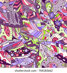 Tracery seamless pattern. Mehndi design. Ethnic colorful doodle texture. Curved doodling background. Vector