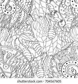 Tracery seamless pattern. Mehndi design. Ethnic monochrome binary doodle texture. Curved doodling black and white background. Vector