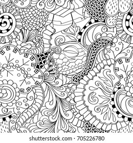 Tracery seamless pattern. Mehndi design. Ethnic monochrome binary doodle texture. Curved doodling black and white background. Vector