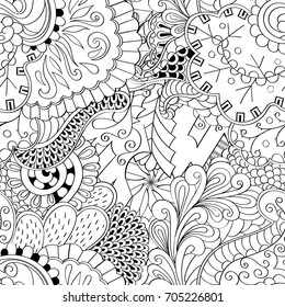 Tracery seamless pattern. Mehndi design. Ethnic monochrome binary doodle texture. Curved doodling black and white background. Vector