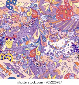 Tracery seamless pattern. Mehndi design. Ethnic colorful doodle texture. Curved doodling background. Vector