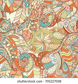 Tracery seamless pattern. Mehndi design. Ethnic colorful doodle texture. Curved doodling background. Vector