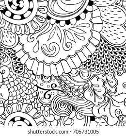 Tracery seamless pattern. Mehndi design. Ethnic monochrome binary doodle texture. Curved doodling black and white background. Vector