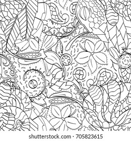 Tracery seamless pattern. Mehndi design. Ethnic monochrome binary doodle texture. Curved doodling black and white background. Vector