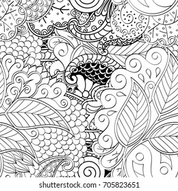 Tracery seamless pattern. Mehndi design. Ethnic monochrome binary doodle texture. Curved doodling black and white background. Vector